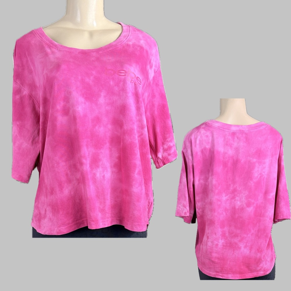 Bebe Sport 1X Raspberry Pink Tie Dye Tee Elbow Sleeve 4 Way Stretch Crew Neck